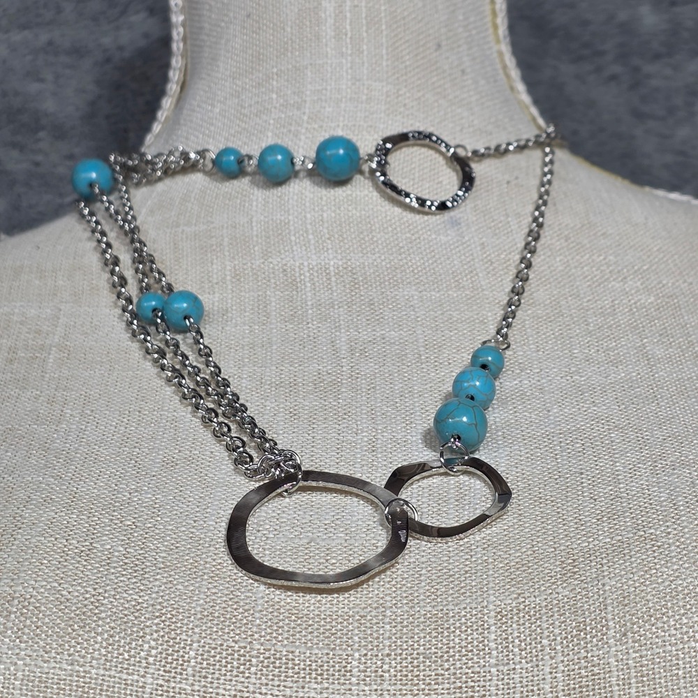 Turquoise Beaded Necklace Silver Tone Circles Boho Layered Fashion Jewelry
